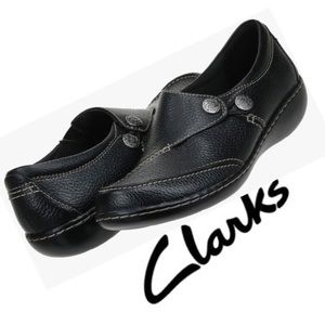 CLARKS Ashland Lane Q Black 100% Leather Slip On Loafer Flats Shoes Size 8N